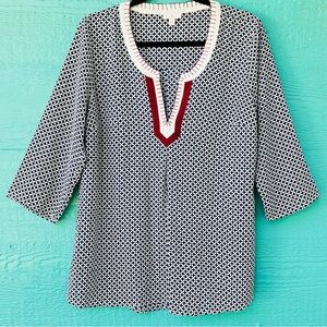 Blue WhiteTunic Blouse Red Trim Whipstitch V-Neck Flowy Top SIZE LARGE